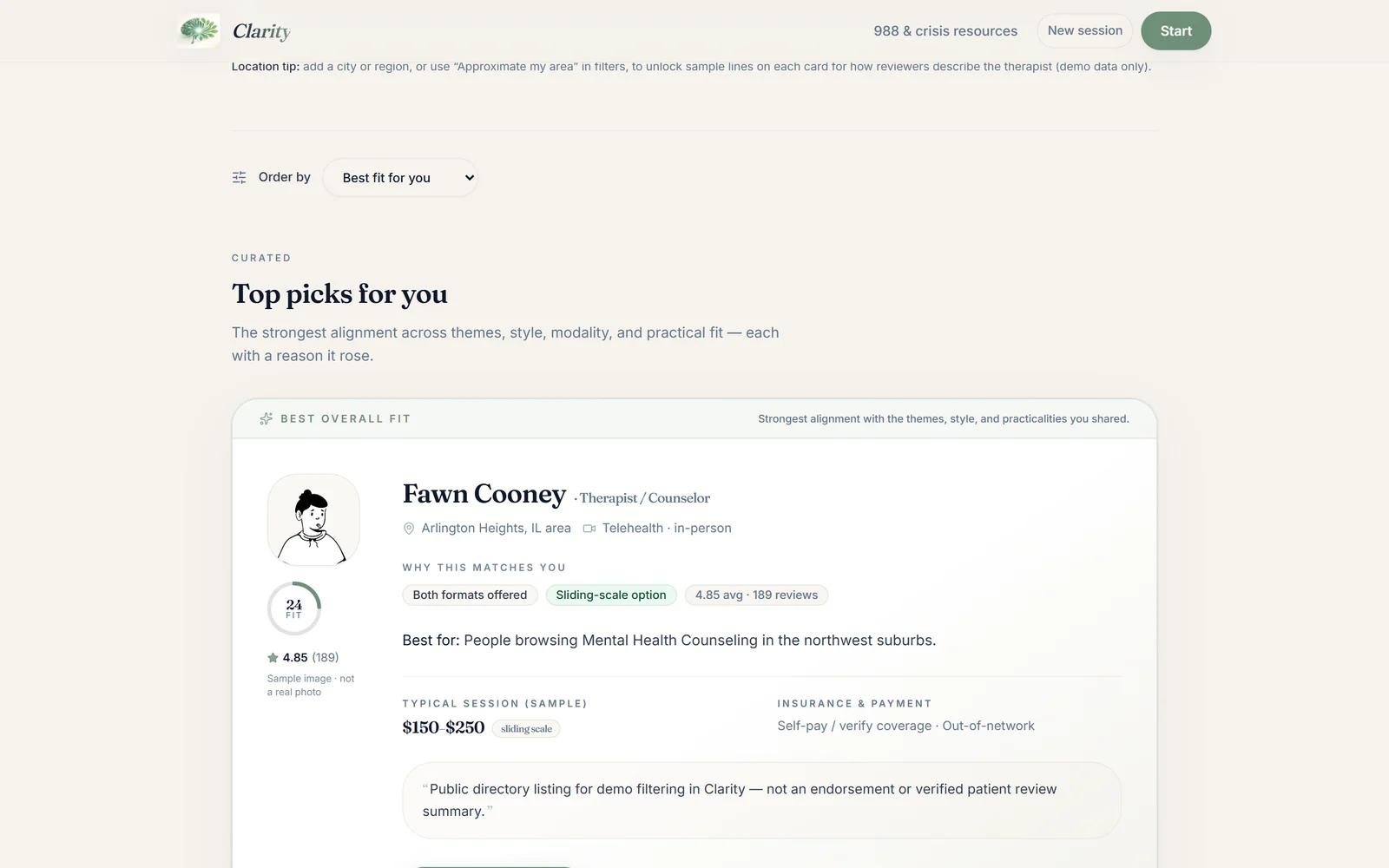 Clarity matches - ranked sample therapist picks, each with the reasons it surfaced and a clear 'demo data' label