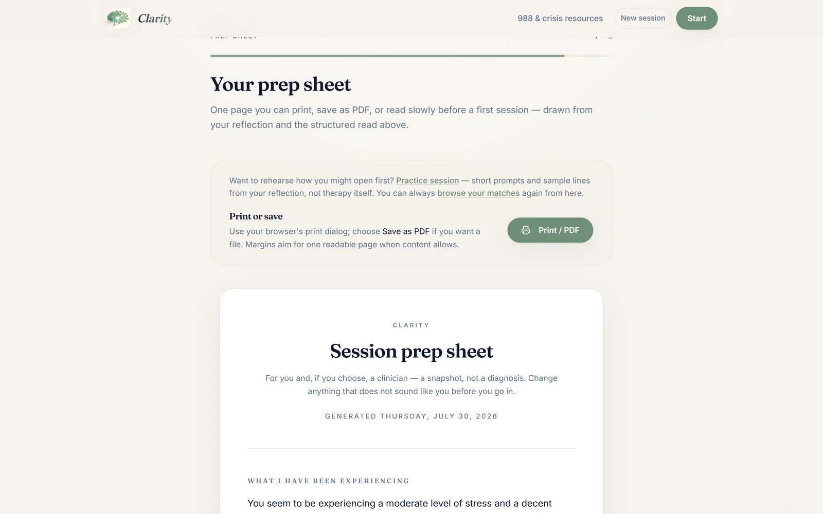 Clarity prep sheet - a printable one-page session prep drawn from the reflection
