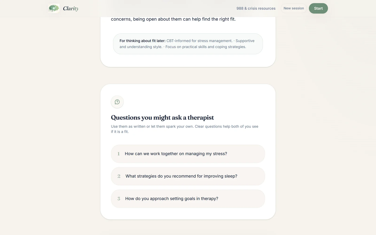 Clarity reflection - structured readiness with suggested questions to ask a therapist