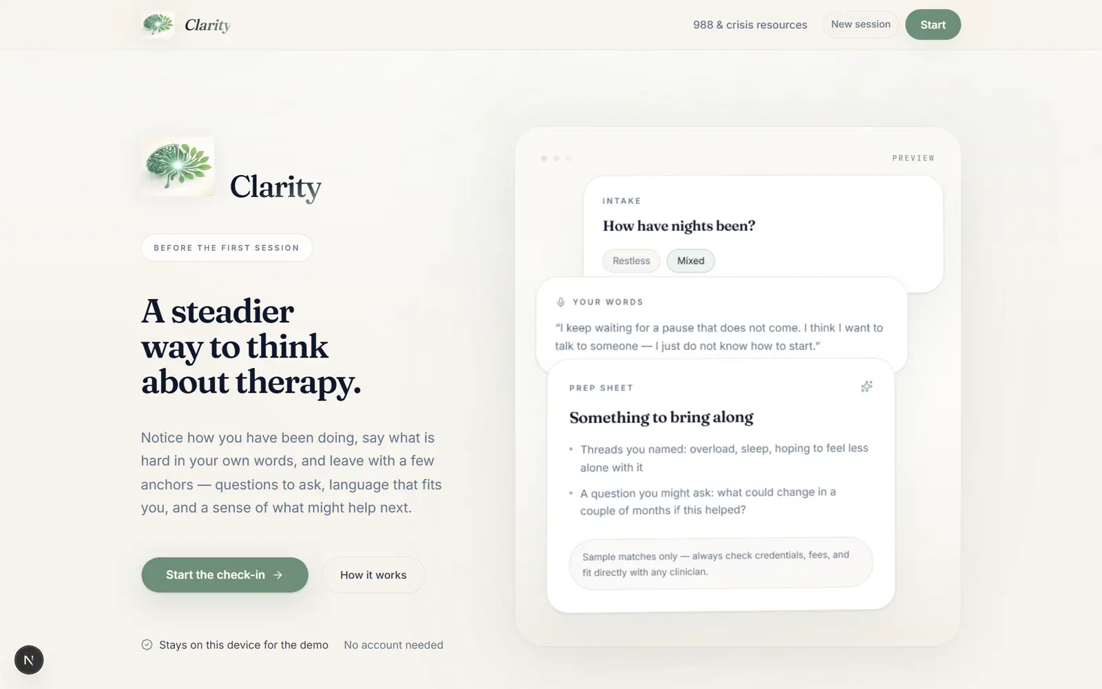 Clarity landing - a steadier way to think about therapy, with an intake preview