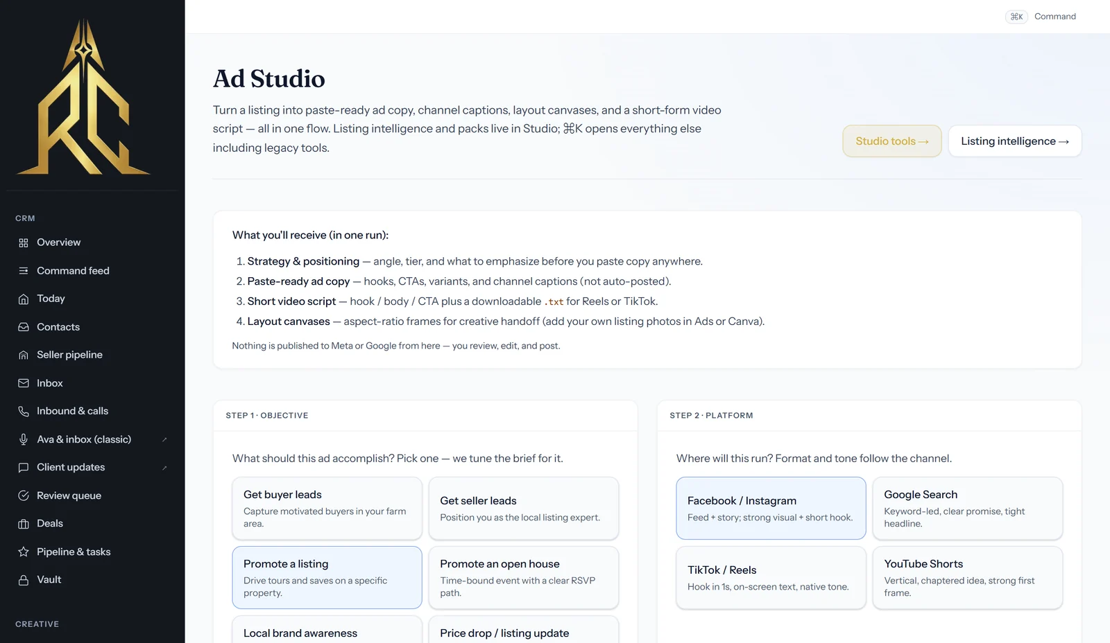RealtorCommand Ad Studio - turning a listing into paste-ready ad copy, channel captions, layout canvases, and a short-form video script