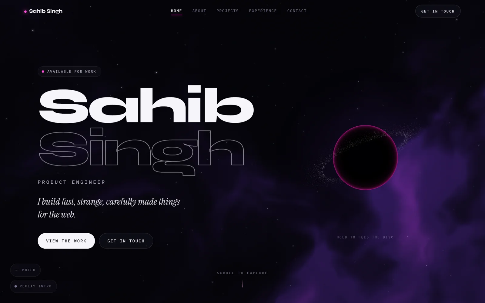 Personal website hero - the black disc and nebula behind the name